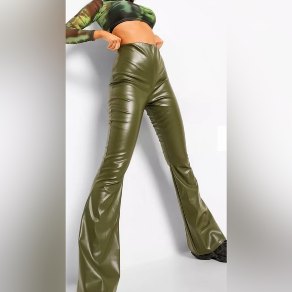 LEATHER LOOK PU FAUX LEATHER FLARES - Picture 1 of 4